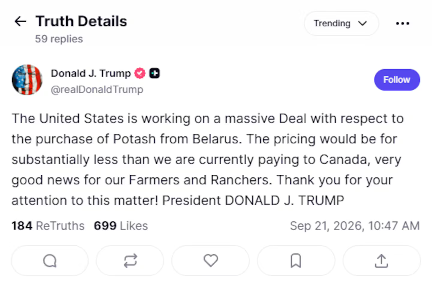Трамп заявил о переговорах с Беларусью о закупках поташа дешевле, чем у Канады